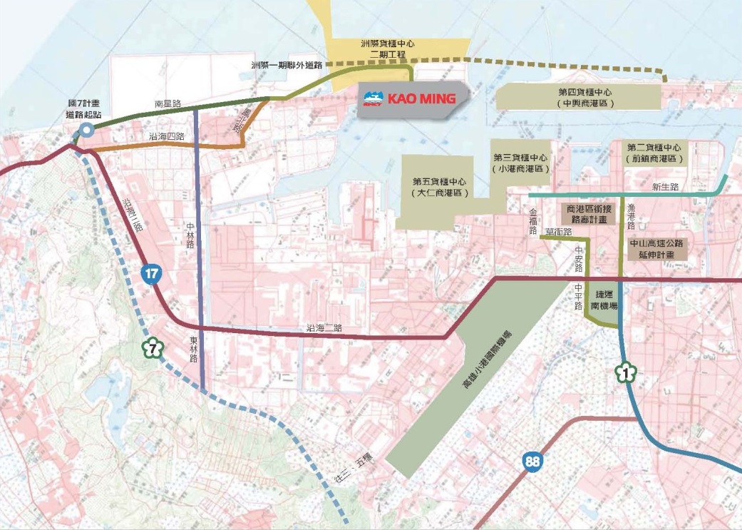 高雄港東側聯外高速公路、國道末端銜接國際機場、新生路、漁港路及草衙路高架橋